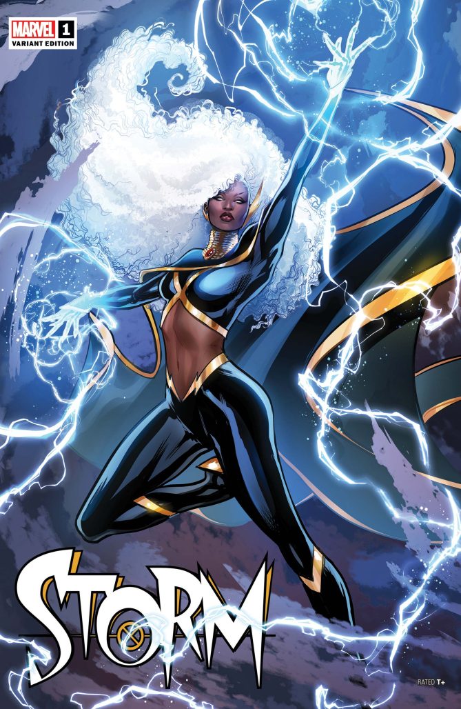 The Storm Art cover features blue lightning from her hands raised to the right, her white hair flying in the air like waves on the clouds