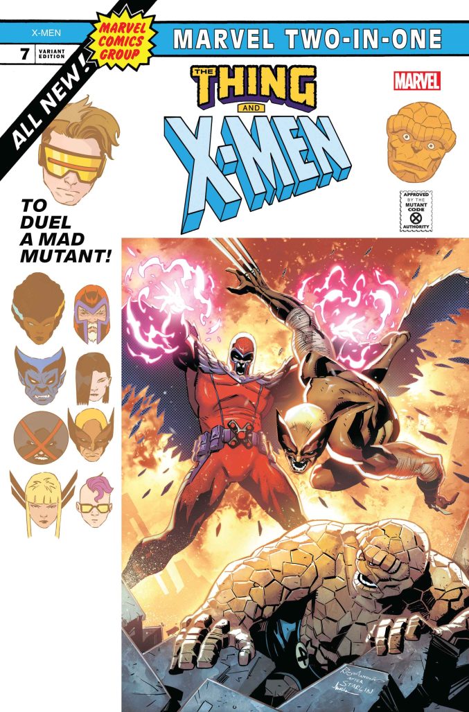 Magneto tosses Wolverine as the Thing rises from the rubble in the comic cover of The Thing and the X-Men