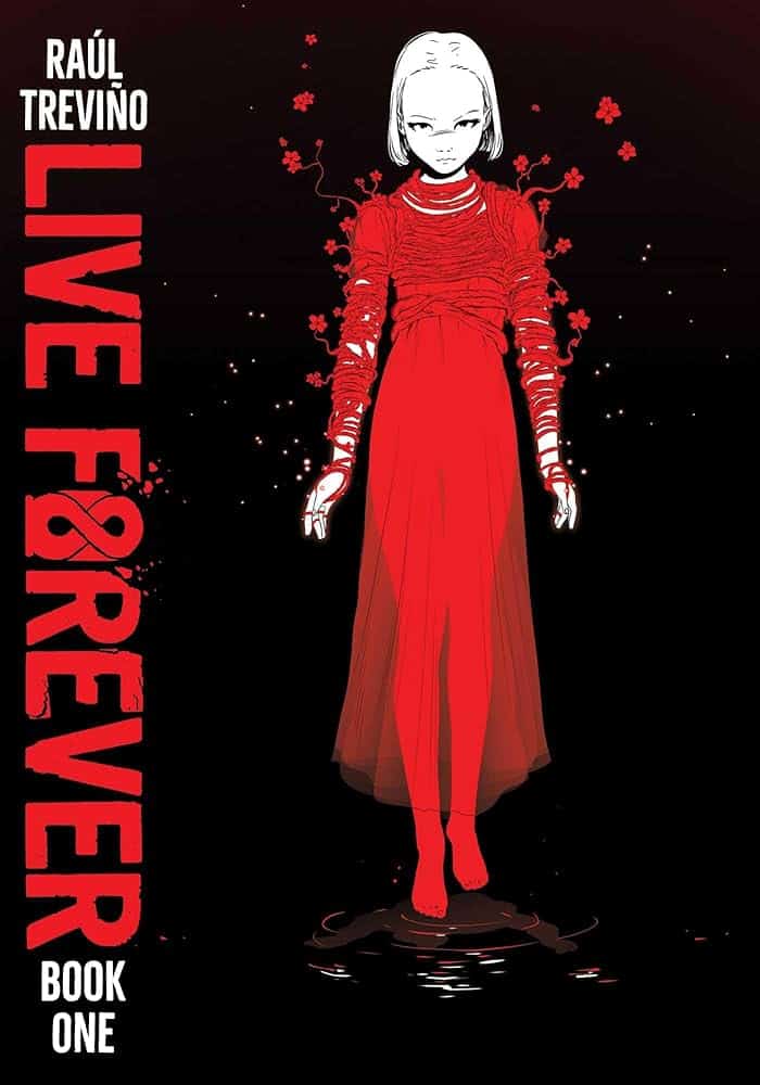 Live forever cover. Young woman wearing red transparent dress standing against black background. Red flowers and vines wrapped around her arms, shoulders, neck, and torso.