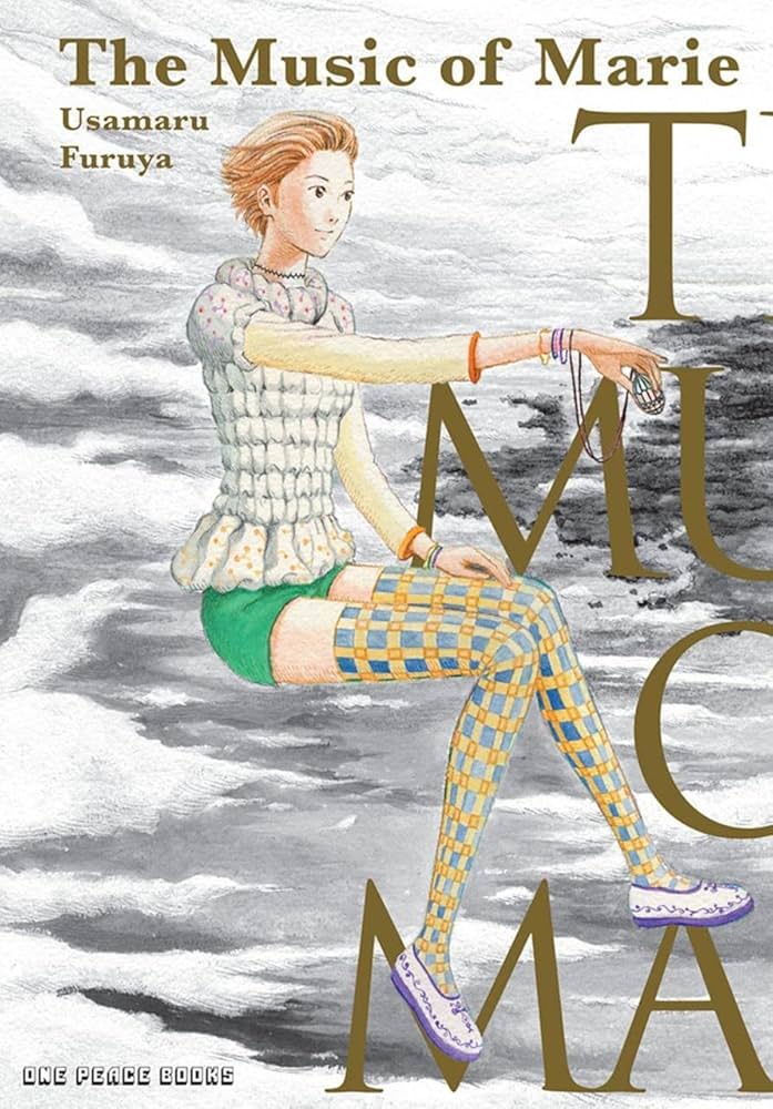 Music covered by Mary. A girl with short hair and plaid stockings sits on the white clouds and gray sky. She held an egg-shaped necklace in her hand and placed it above the gold title.