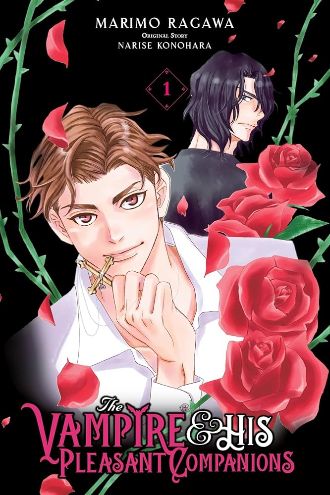 Provides cover for the vampire and his adorable companions. A smiling man in a white shirt holds a golden cross to his lips. Roses bloomed before him. Behind him is a skeptical man in a black shirt, his head turned towards the reader.