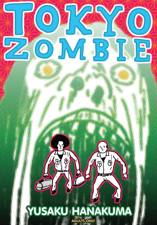 Tokyo Zombies cover. Behind two small figures in shirts and trousers is a giant green screaming zombie face with yellow eyes. At the bottom of the cover page it says "Adults only."