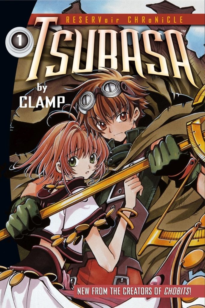 tsubasa reservoir chronicle cover. A young woman is protected by a young man wearing a cloak and holding a cane. Both men look directly at the reader. The front label reads: "New from the creators of Chobits!"