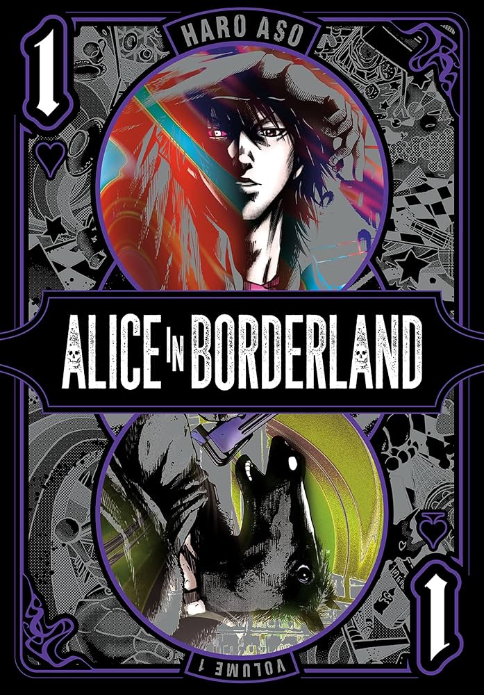 Alice in Borderland cover. Stylized as a playing card with an image of a man at the top and a horse-headed man brandishing a gun at the bottom.