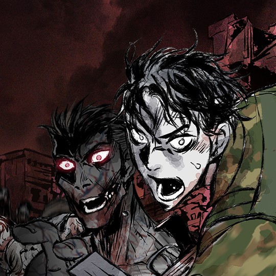 Fragments of the human image. A desperate man in military uniform ran forward. To his left is a gray, bloody zombie with red eyes. Behind them lay the red sky and cityscape.