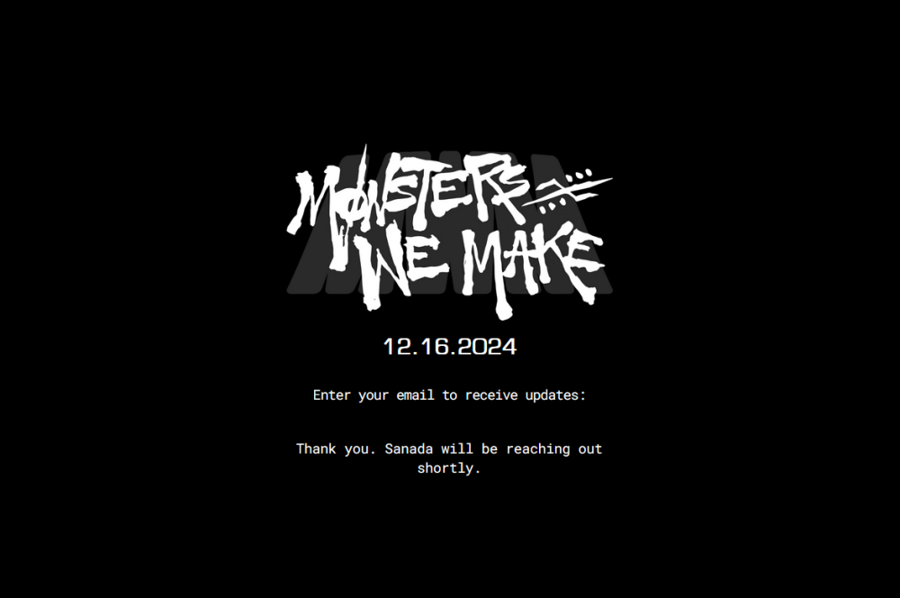 White text on black with the logo for Monsters We Make along with the debut date for December 16th 2024. 