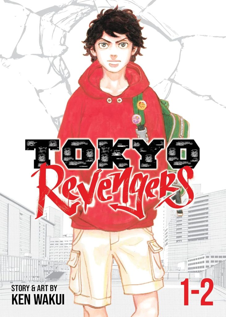 tokyo revengers. man wearing a red jacket and a green backpack stares down the reader. the white space behind his head is shattered. Below him is a gray on white cityscape.