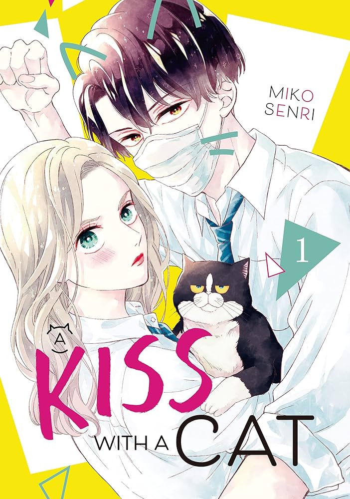 Kiss with the Cat Volume 1 cover. A blonde girl and a handsome guy in a mask hug a chubby black and white tuxedo cat.