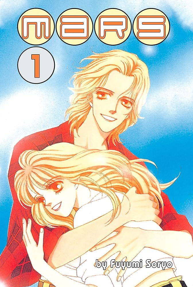 Mars Volume 1 cover. A teenage boy and a girl with long blond hair hug each other. The boy is wearing a red shirt.