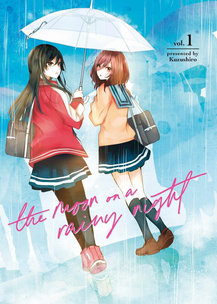 In the first volume of Moon on a Rainy Night, two young women in high school uniforms are walking side by side in the rain holding umbrellas. Both of them were carrying bags. One has long hair and the other has short hair.