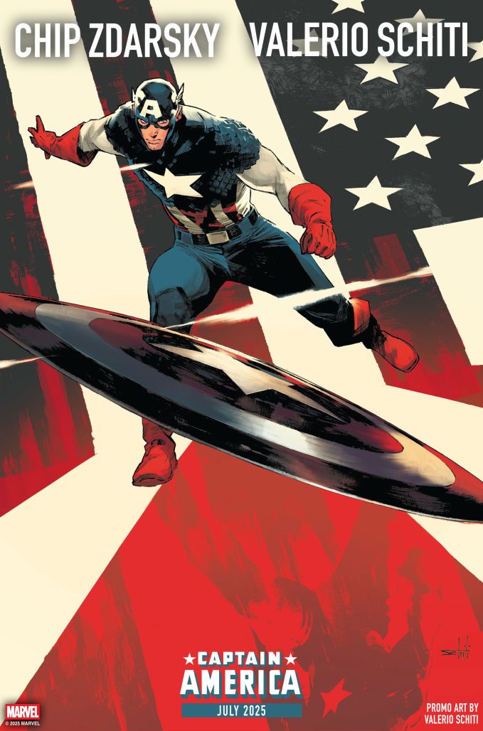 Captain America throws shield at us with American flag in the background