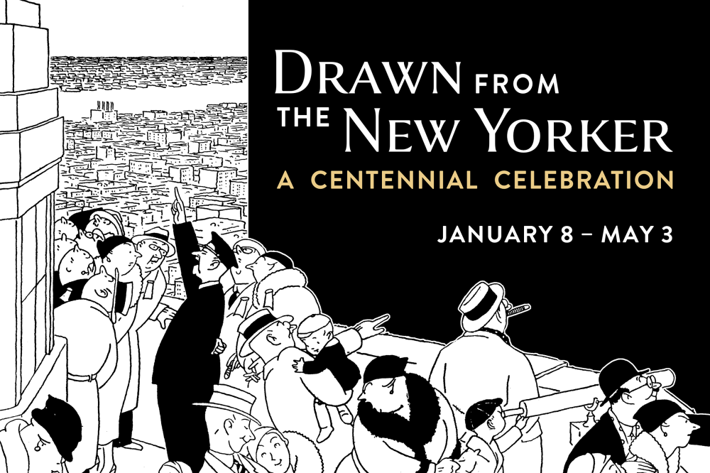 A New Yorker comic group, viewed by high-profile people. building. On the right, is the label for the New Yorker's 100th anniversary celebration