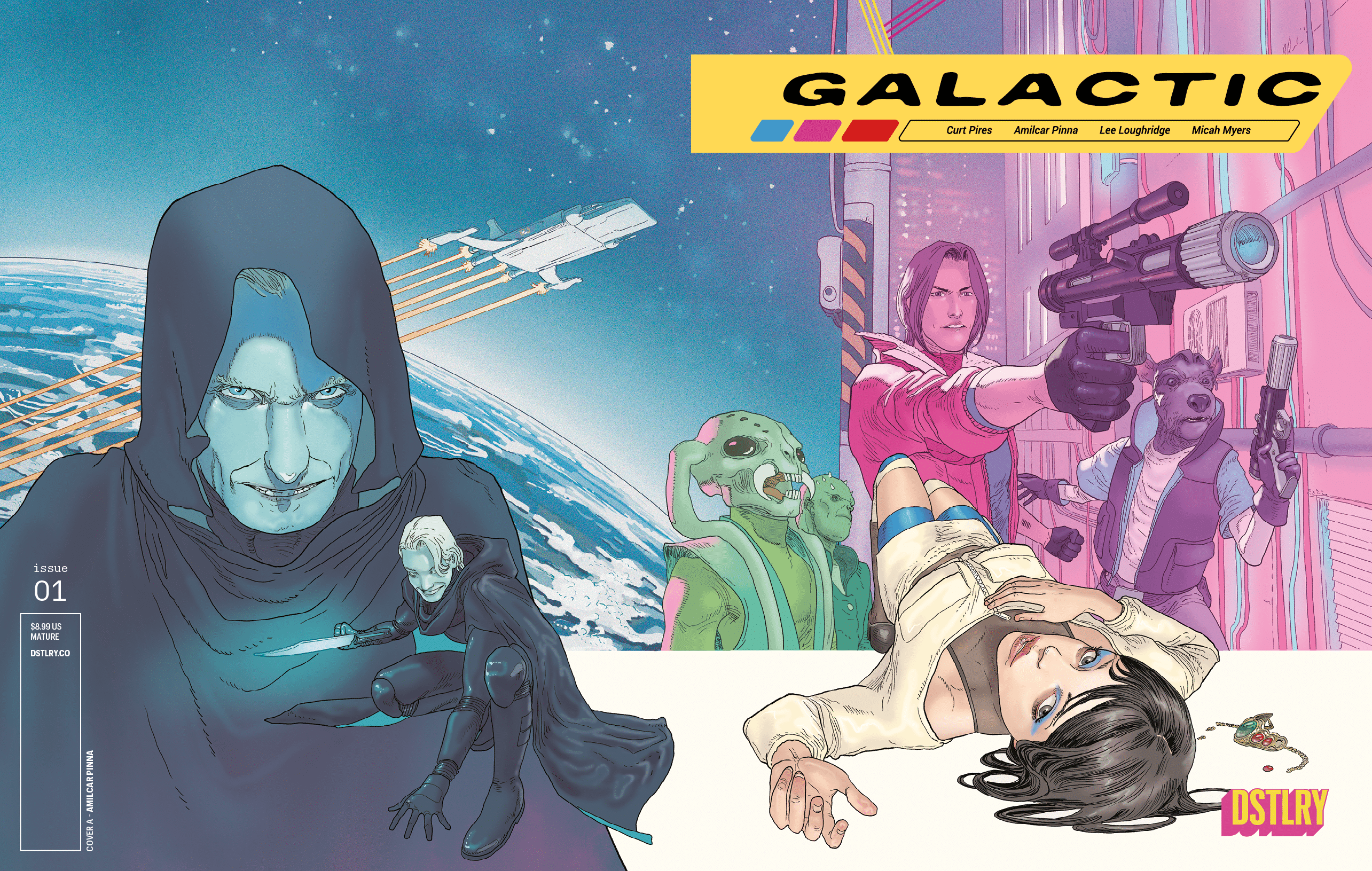 The comic cover of the Galaxy cover, with an invisible character on the left and a bounty hunter on the right