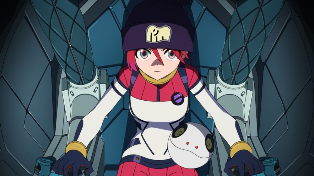 Machu wearing a beanie and Haru in her lap, get ready to pilot GQuuuuuuX for battle