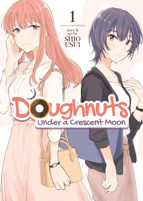 cover of donuts under a crescent moon volume 1 depicting asahi and hinako standing next to each other