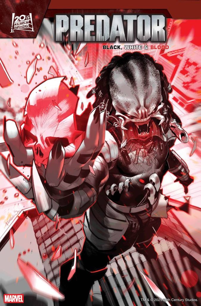 Predator's Predator holds pink items in his hands on the Predator's comic cover: black, white and blood