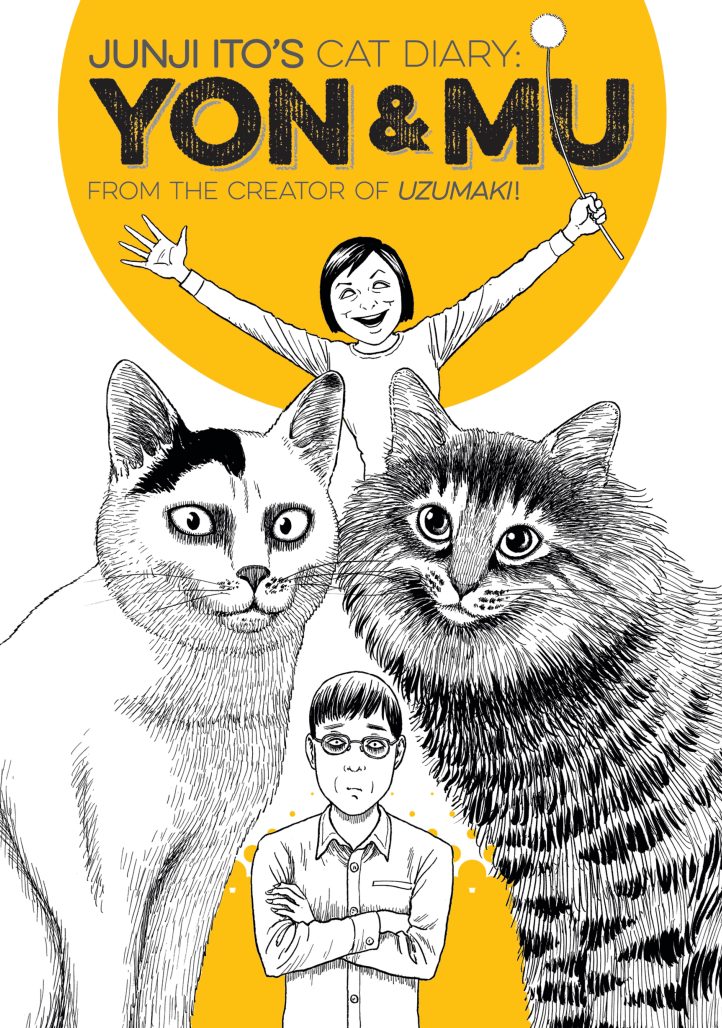 YON and MU cover. Two fluffy cats with Junji Ito's excited wife (above) occupy the central position