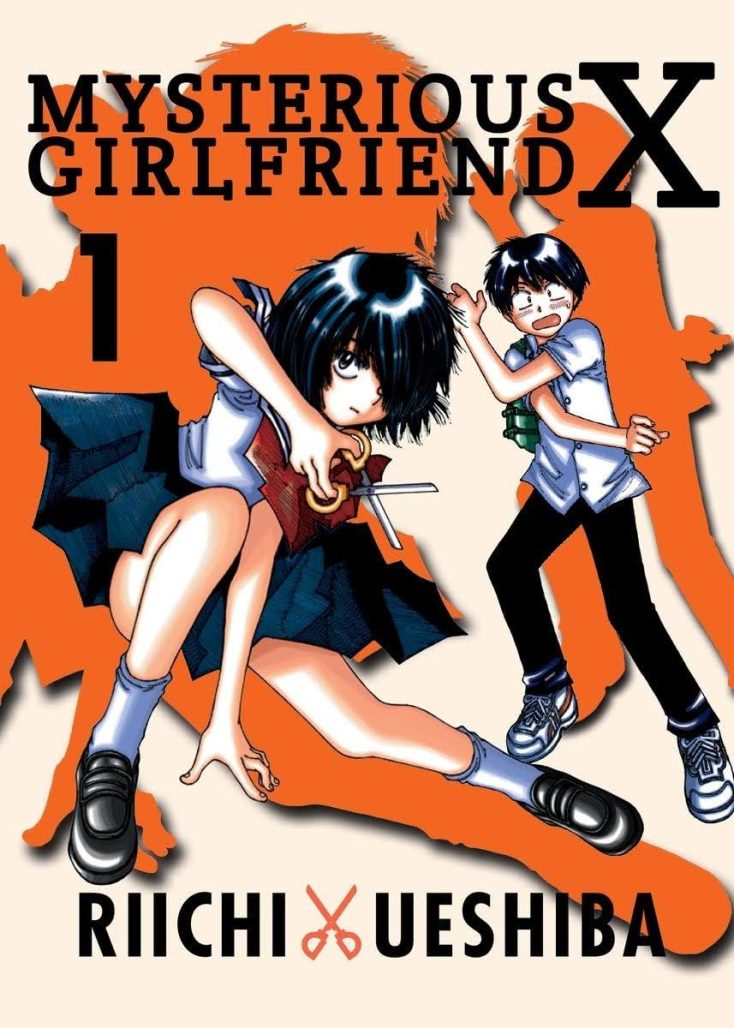 cover of Mysterious Girlfriend X depicting the two main characters doing cool poses while casting orange shadows