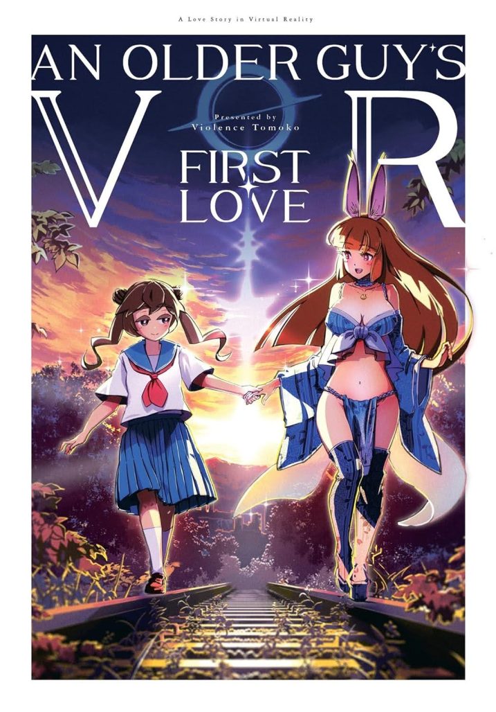 cover of an older guy's VR first love depicting the vr avatars holding hands and walking away from the sunset along train tracks