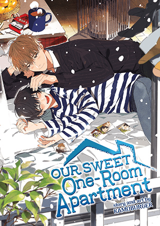 cover of our sweet one room apartment depicting the two characters lying on top of each other in the background while snow comes down over them and the blue logo in the foreground