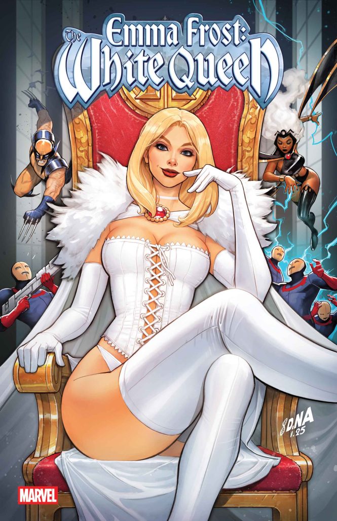 Comic Cover of Hellfire Club's Emma Frost as she sit cross legged in white