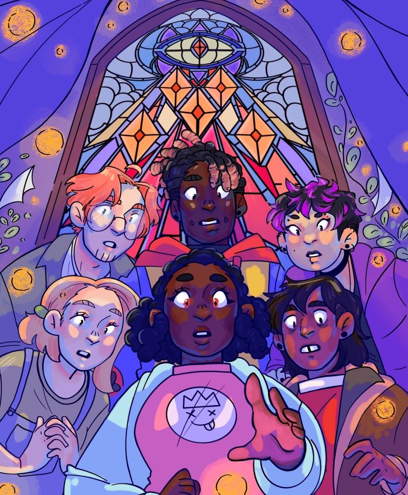 the ether veil. young black woman wearing a T-shirt and her friends gaze at a mysterious light. behind them is a grand stained glass window featuring an eye and five segmented yellow diamonds forming rays.